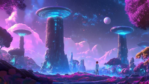 Bioluminescent alien mesa towers under nebula sky at dusk