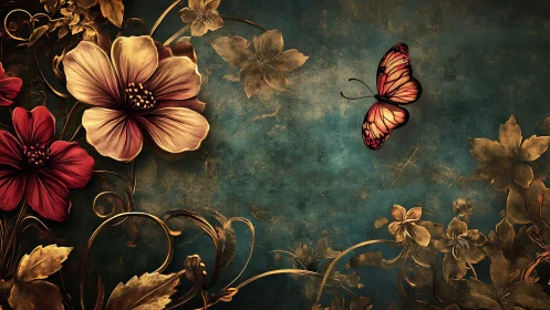 Butterfly hovers beside ornate flowers on textured teal field