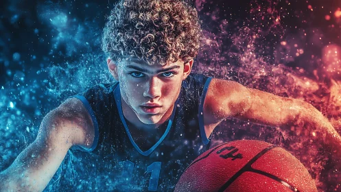Intense young basketball player drives ball through neon mist