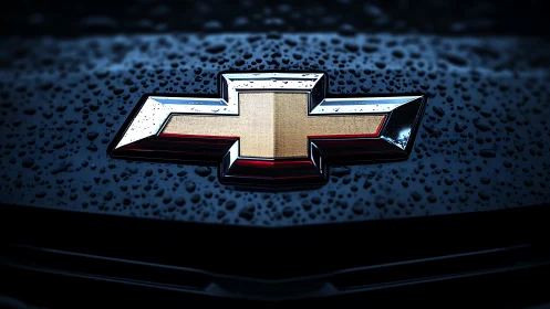 Chrome bowtie car emblem under rain on dark hood surface.