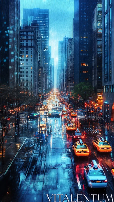 Neon rain river of taxis carving through mirrored towers.