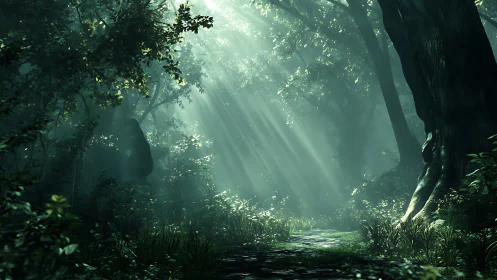 Misty forest path with dramatic god rays through dense canopy
