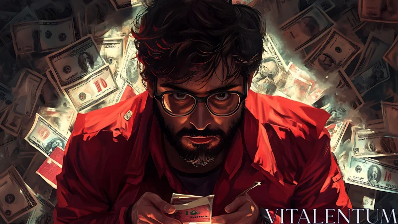 Man in red jacket holds banknotes amid floating currency