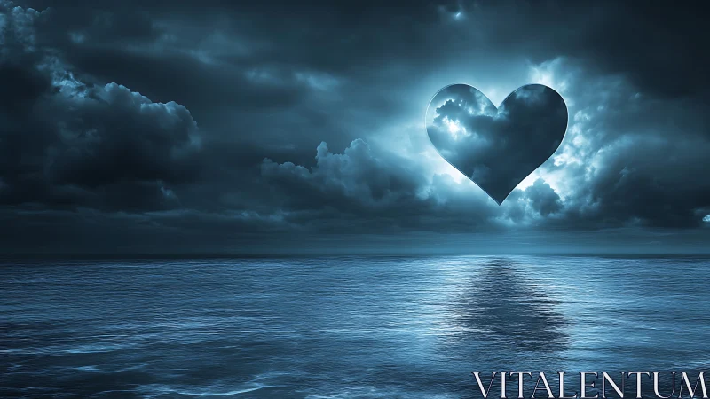 Heart shaped aperture glowing through volumetric storm clouds above ocean
