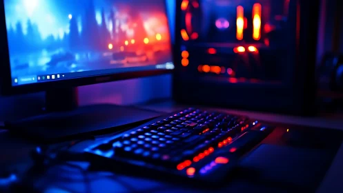RGB gaming desktop setup with illuminated keyboard and PC case.