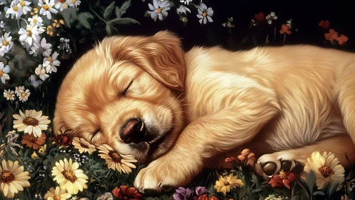 Golden puppy dreaming in wildflower cradle of quiet joy.
