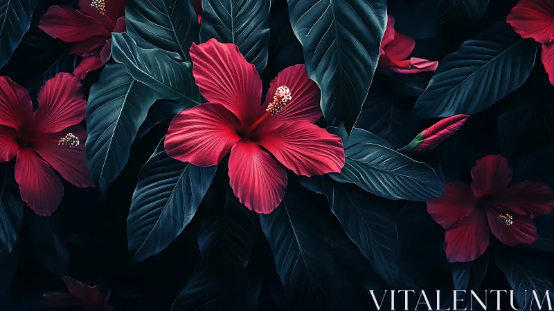 Crimson hibiscus blooms nestled within deep teal foliage on dark background.