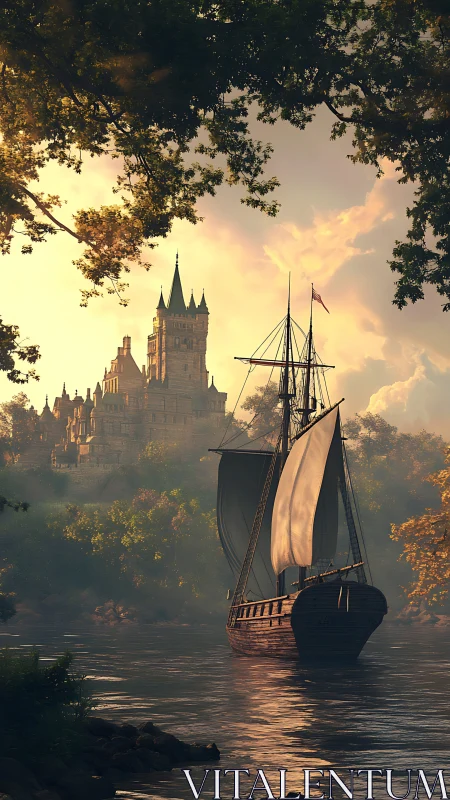 Sailing ship on calm river approaching distant hilltop castle.