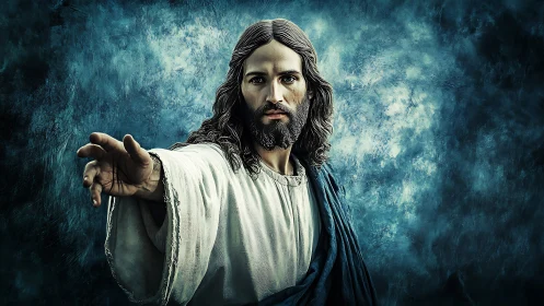 Outstretched robed figure before textured azure backdrop.