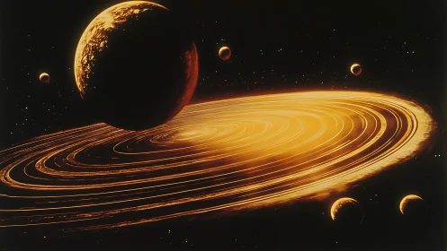 Molten orbital rings encircling shadowed exoplanet cluster.