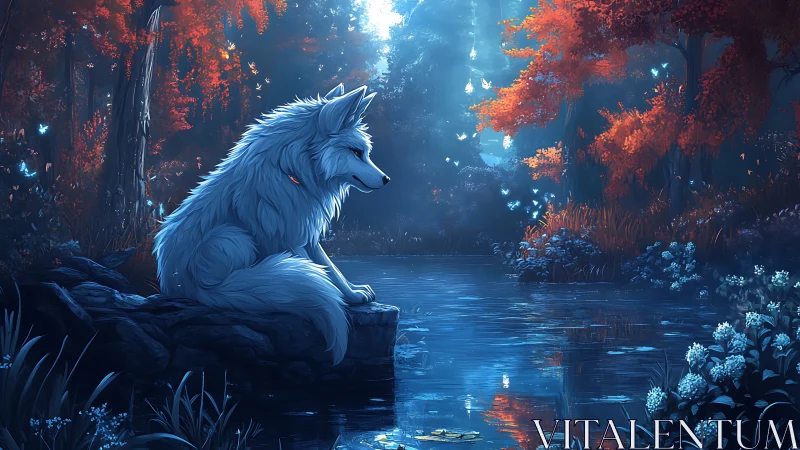 Luminescent arctic fox at bioluminescent forest pool twilight.