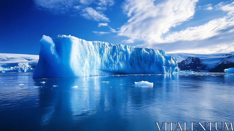 Frozen blue iceberg glows gently beneath a wide Arctic sky