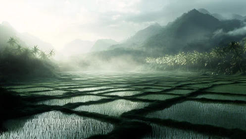 Misty terraced rice paddies beneath layered tropical highlands.