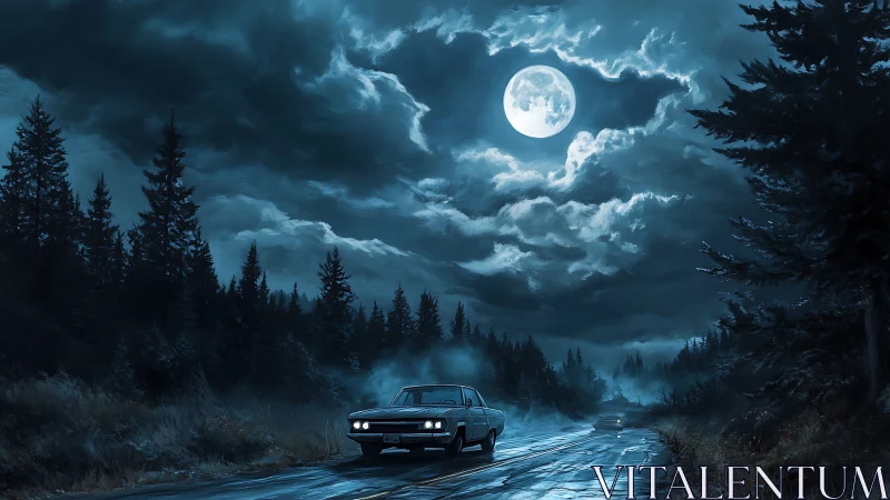 Moonlit forest highway where quiet cars chase silver clouds.