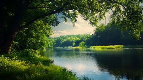 Sunlit riparian river bend under dense summer tree canopy