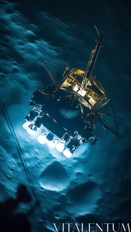 Lunar lander spacecraft descending with illuminated thrusters.