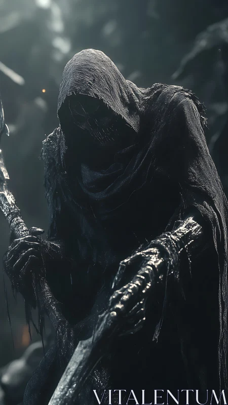 Hooded skeletal reaper holding scythe in dark misty scene.