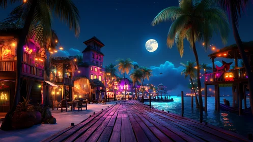 Moonlit boardwalk bazaar glowing with tropical neon dreams.