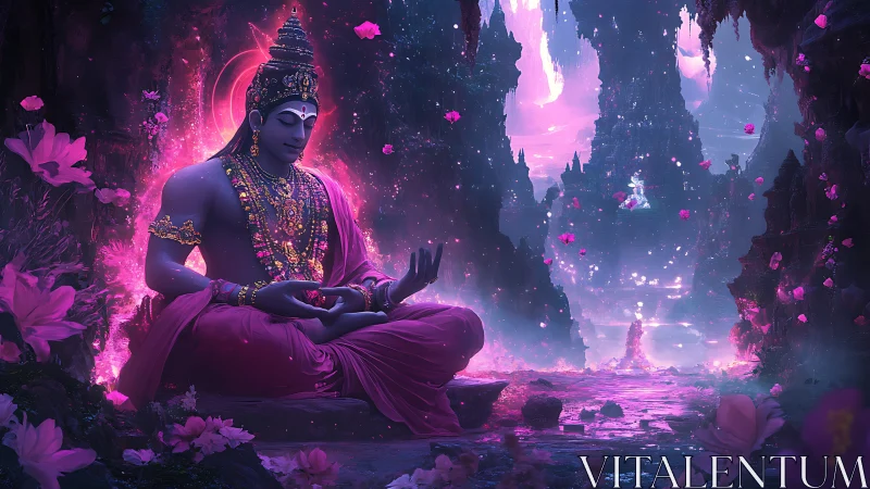 Divine meditative deity in luminous violet cavern temple.