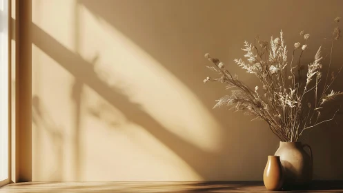 Minimalist dried florals in warm directional window light.