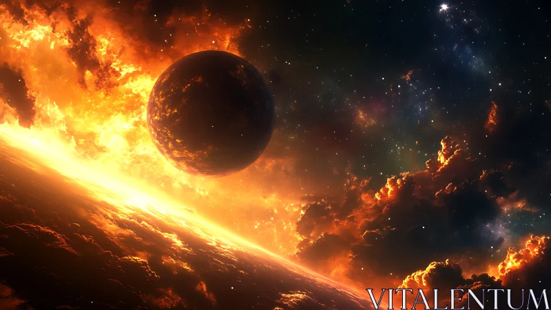 Celestial inferno surrounding dark planet over molten horizon.