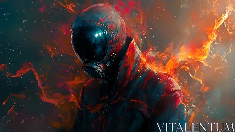 Cyberpunk inferno figure in reflective helmet digital painting.