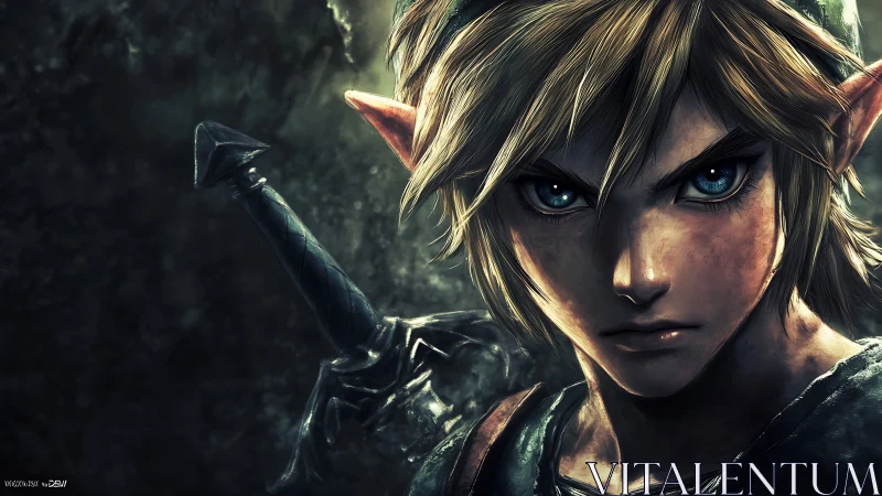 High-contrast warrior portrait with tactical sword geometry.