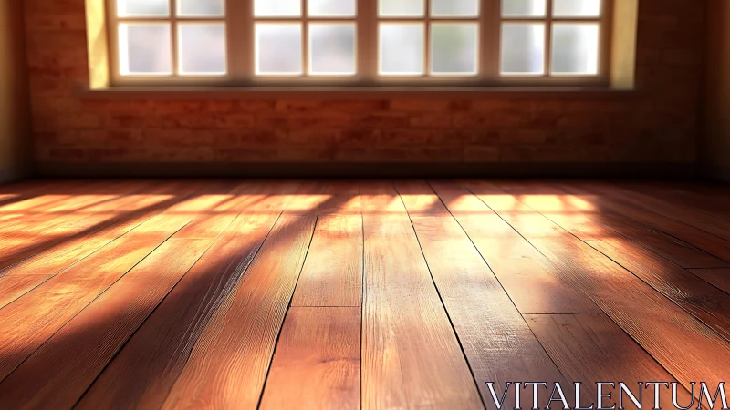 Sunlit wooden floor in empty warm-toned interior room.