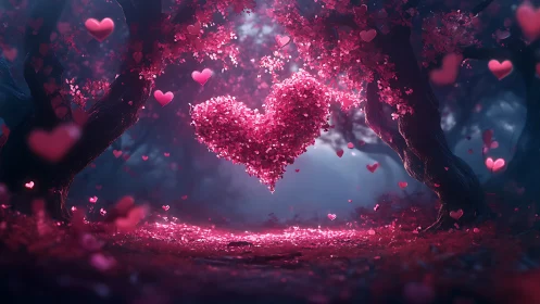 Crystalline Heart Bursts Through Enchanted Pink Forest