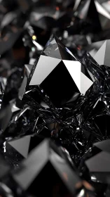 Faceted black crystal cluster renders sharp reflective geometry
