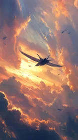 Digital painting of jet squadron across radiant storm sky.