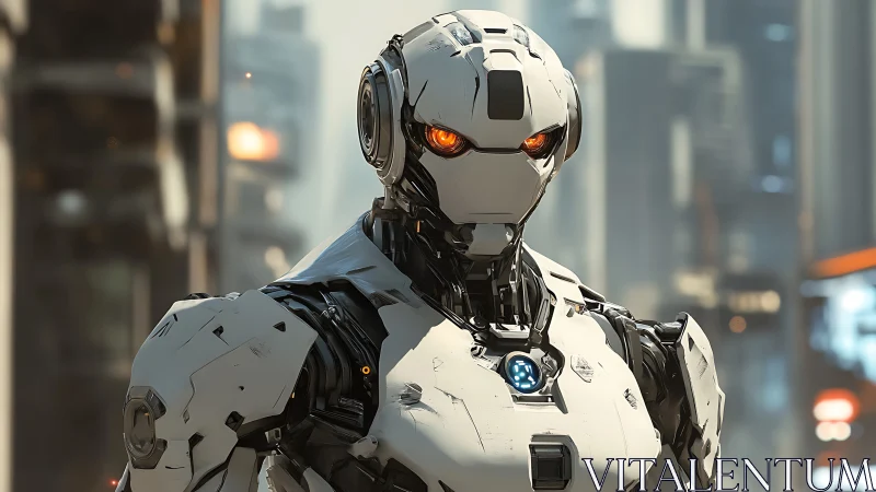 Steel guardian with ember eyes patrolling the neon skyline.