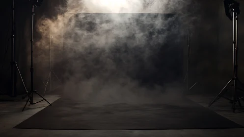 Empty dark photo studio set filled with dramatic smoke.