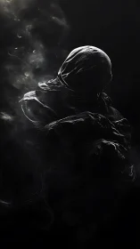 Shrouded hooded figure in low key monochrome digital render.