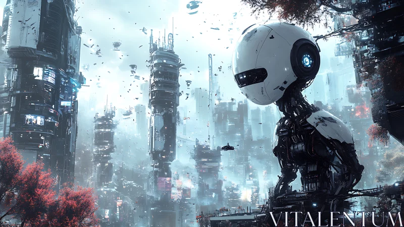 Giant observant robot oversees dense floating cityscape