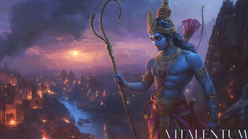 Divine warrior overlooking burning river city at dusk.