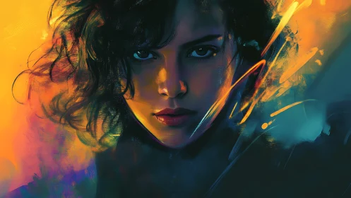 Intense digital portrait of woman in bold neon colors.