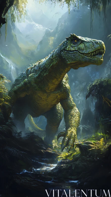 Predatory dinosaur standing alert in dense jungle scene.