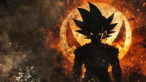 Silhouetted spiky-haired warrior stands before glowing emblem