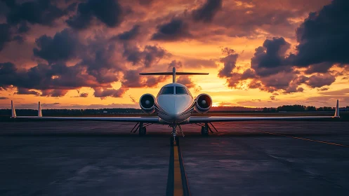 Business jet nose-on under turbulent stratocumulus sunset sky.