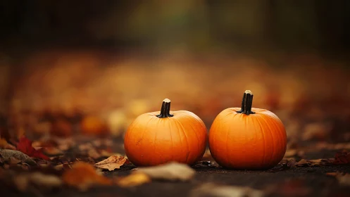 Two small pumpkins on leaf-covered ground with shallow depth