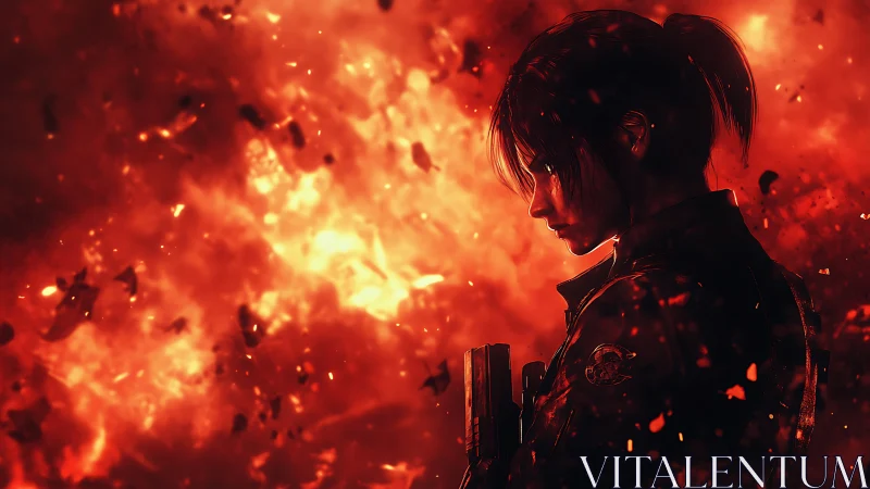 Soldier Silhouette Against Inferno. Combat Ready.