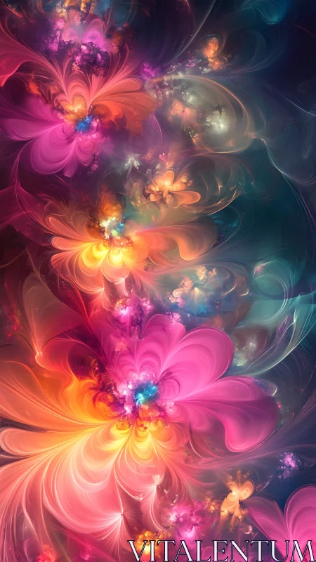 Vibrant fractal blooms radiate neon light over dark void