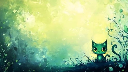 Digital illustration depicting stylized feline figure surrounded by botanical elements