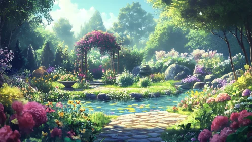 Sunlit flower garden with pond and arched trellis pathway.
