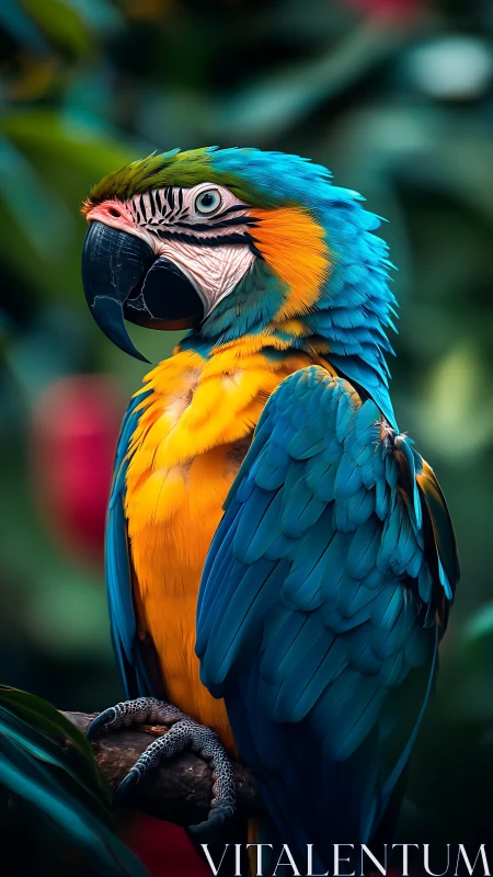 Vibrant blue‑and‑gold macaw with high‑detail plumage and bokeh background