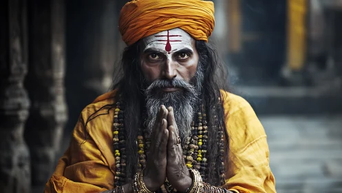 Man in saffron garments faces camera with hands joined