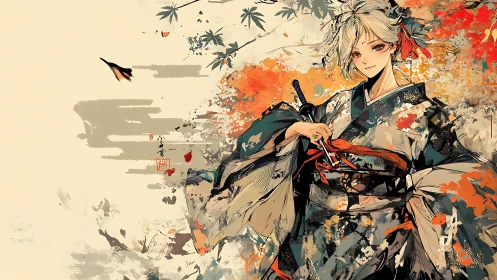 Samurai figure in patterned kimono amid abstract foliage.