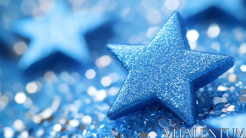 Blue glitter star macro on sparkling festive background.