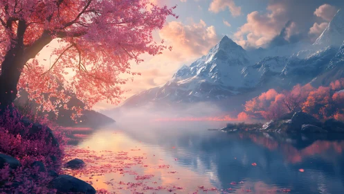 Blossoming lakeside valley glows beneath peaceful snowy peaks